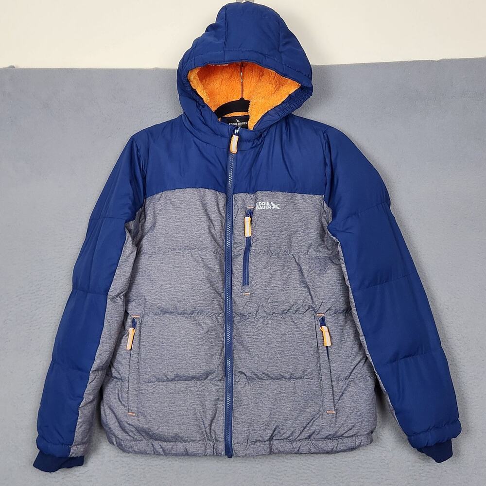 Eddie Bauer Puffer Jacket Kids L 14/16 Blue Gray 550 Down Hooded Sherpa Lined